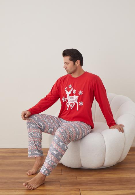 Pijama barbati Craciun " MERRY CHRISTMAS" maneca lunga ,pantaloni lungi,Culoare Rosu Engros